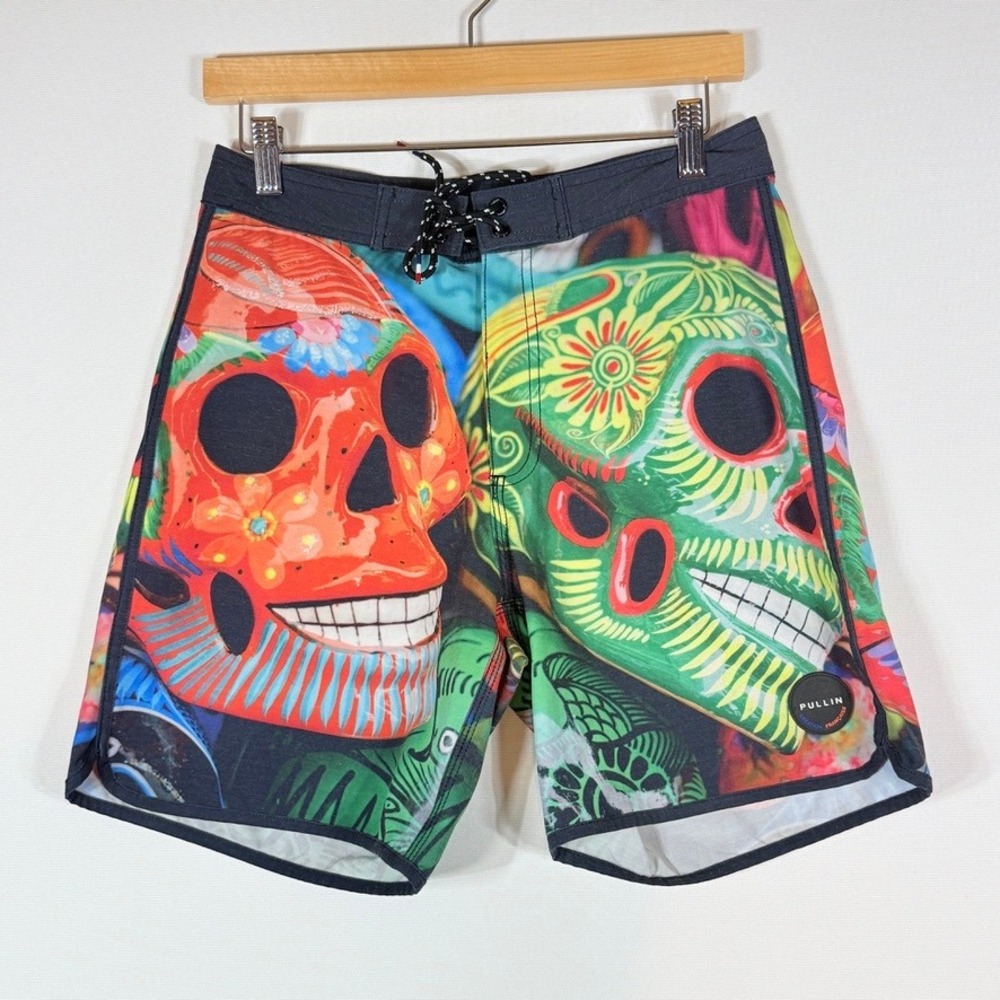Pullin Mens 28‎ Board Shorts Swim Sugar Skull Day of the Dead Indie Edgy Folk